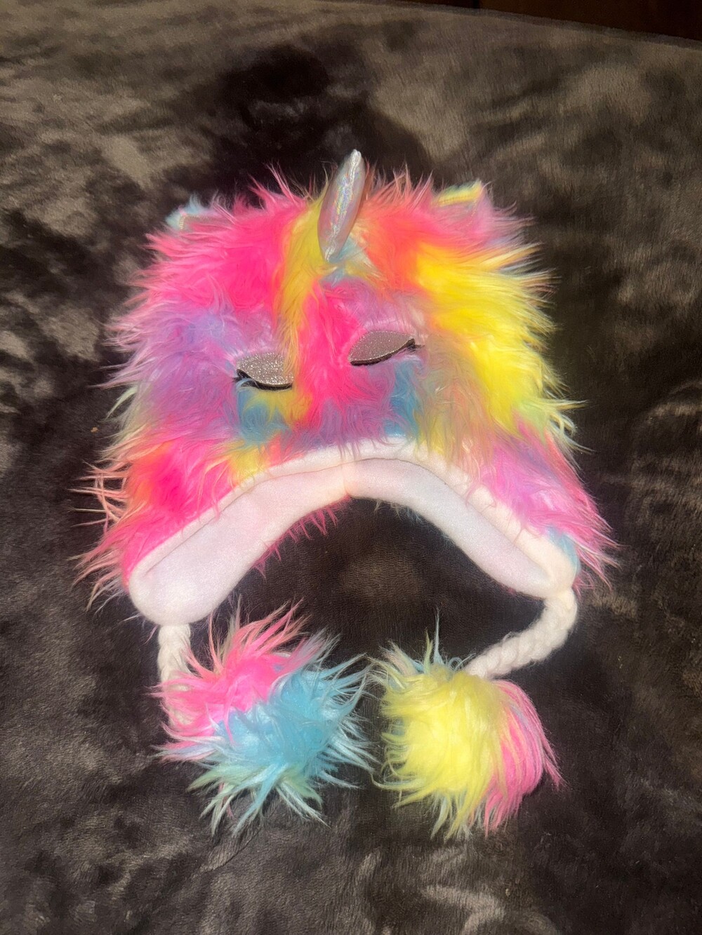 Multicolor Faux Fur Unicorn Hat One Size Braided Tassels Pom-Poms